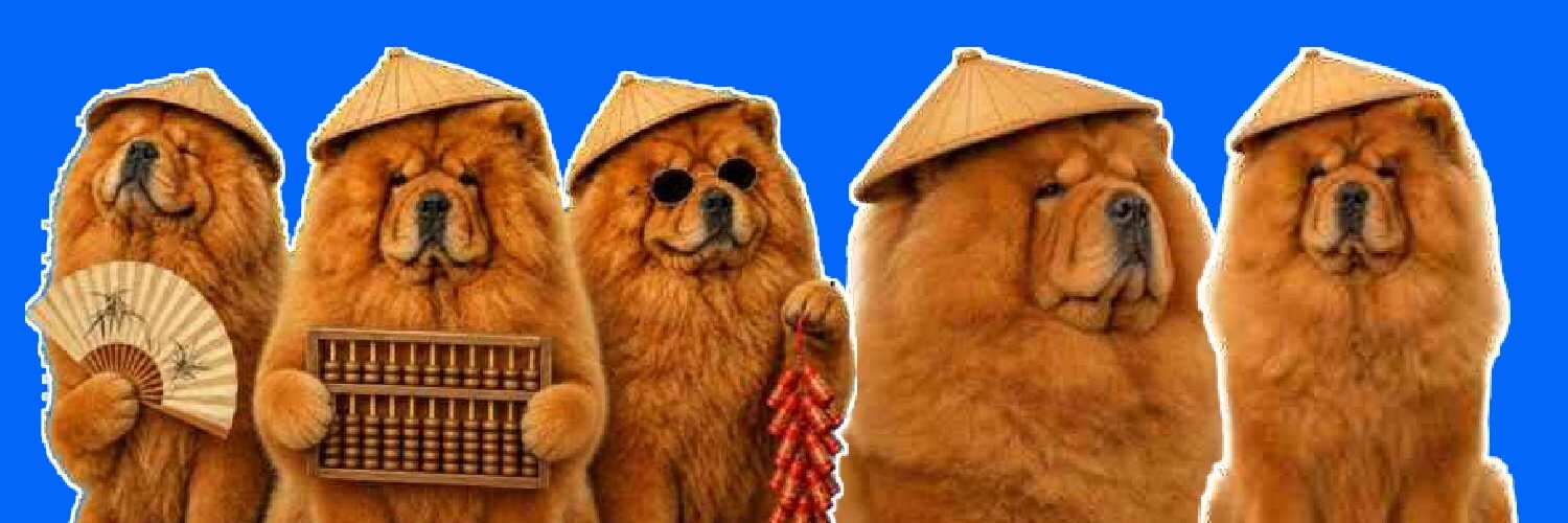five chows in straw hats on blue, with a fan, an abacus and firecrackers